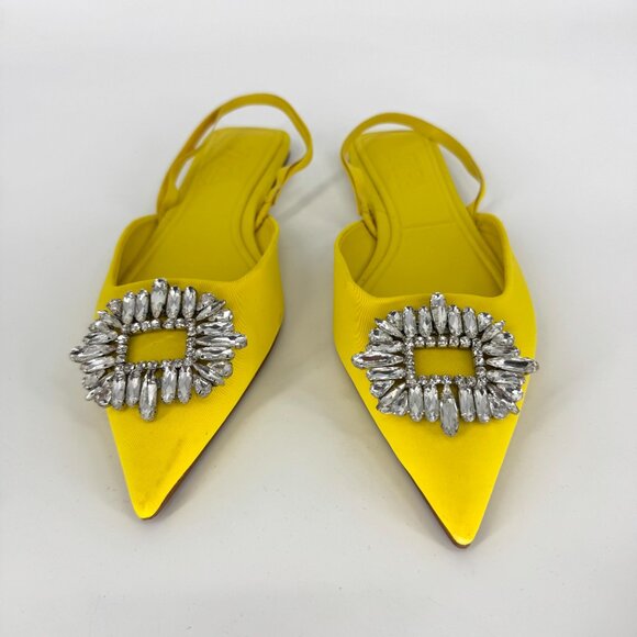 Zara Pointy Toe Slingback Flats with Rhinestone Embellishment Yellow 39 US 8 - Picture 2 of 9